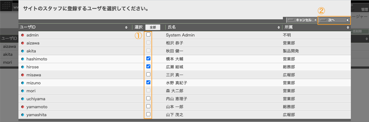 登録対象のスタッフを選択するパネル例